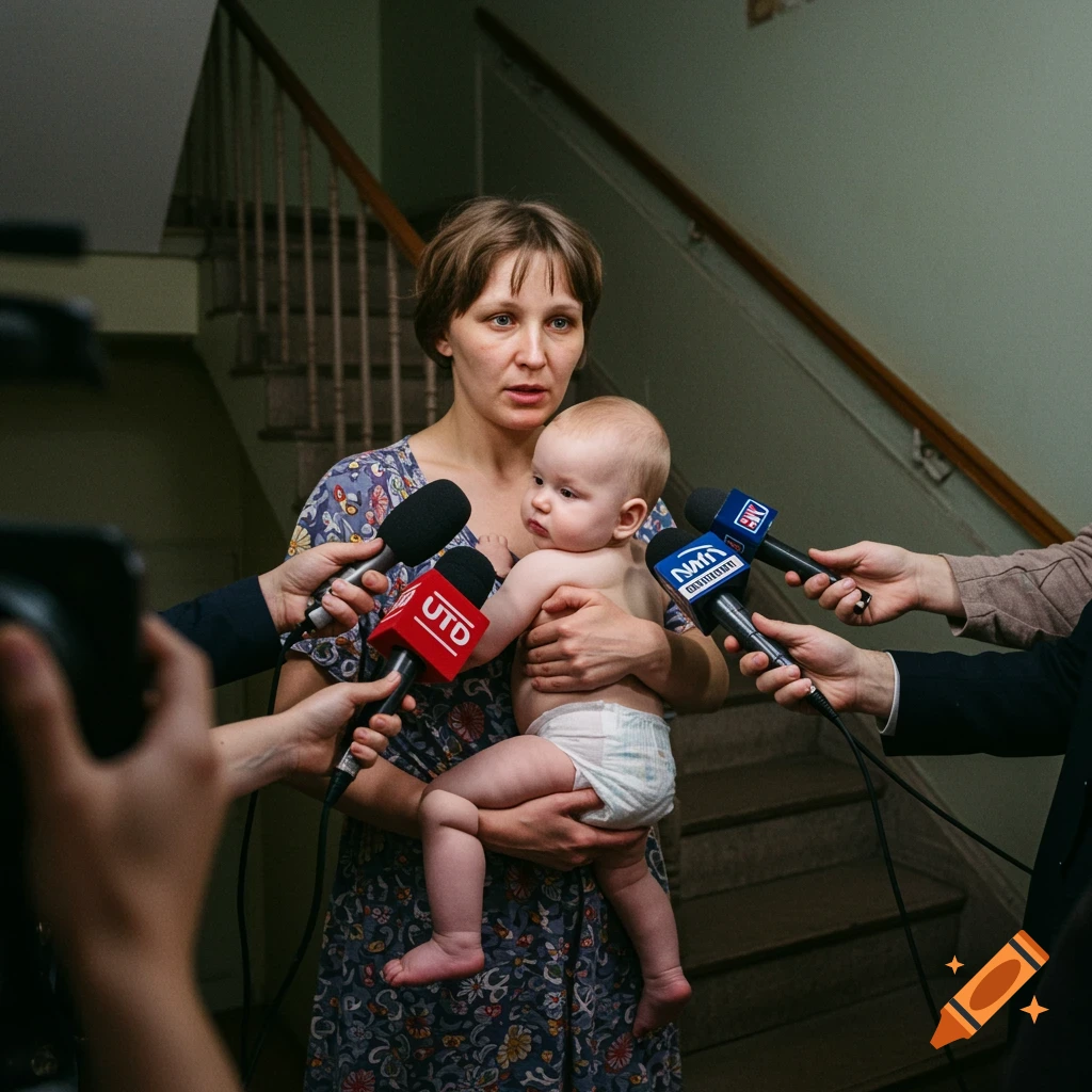 A woman holding a baby is surrounded by reporters holding microphones in a stairwell.