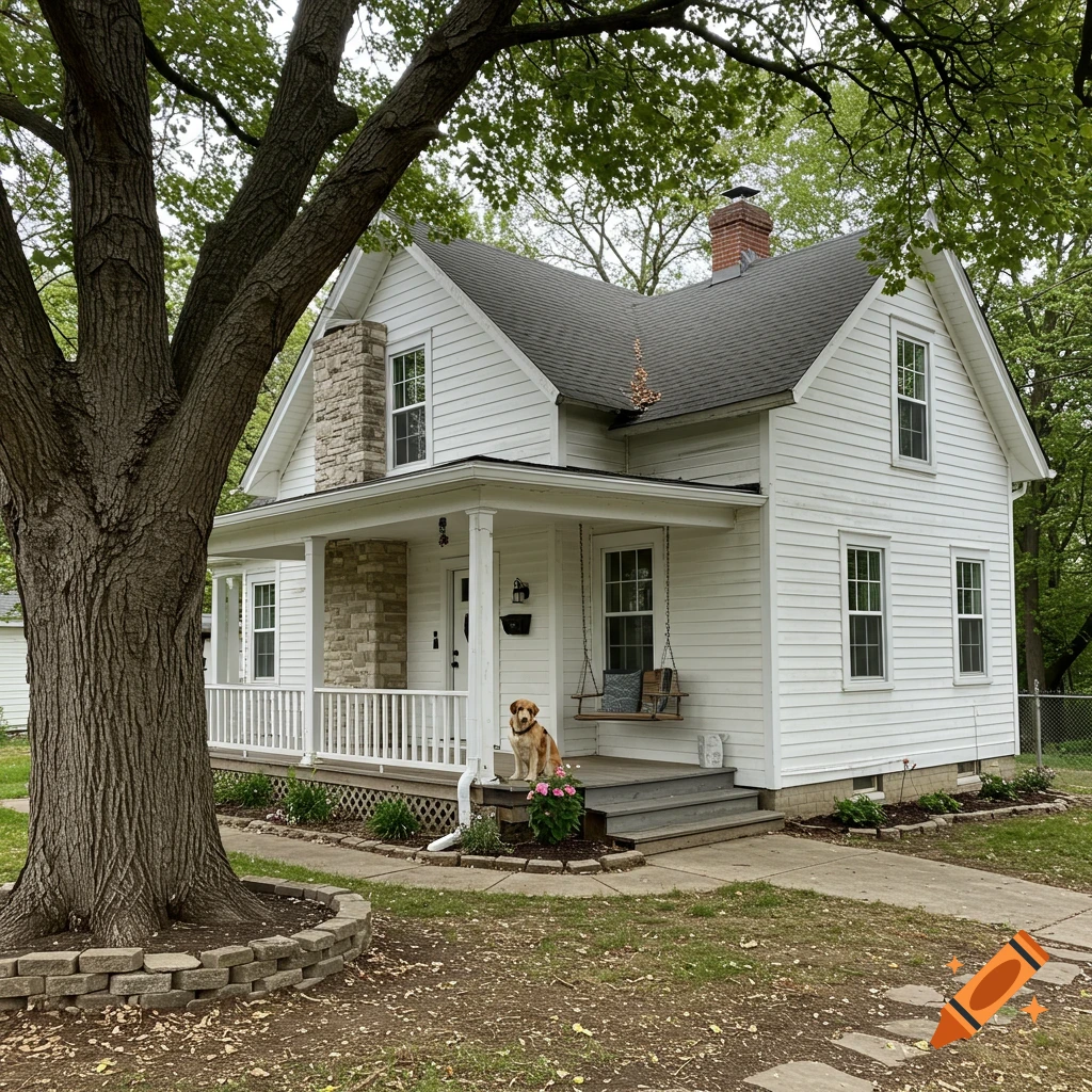 A white house with a porch, a swinging bench, and a dog sitting on the steps. A large tree is in the foreground.