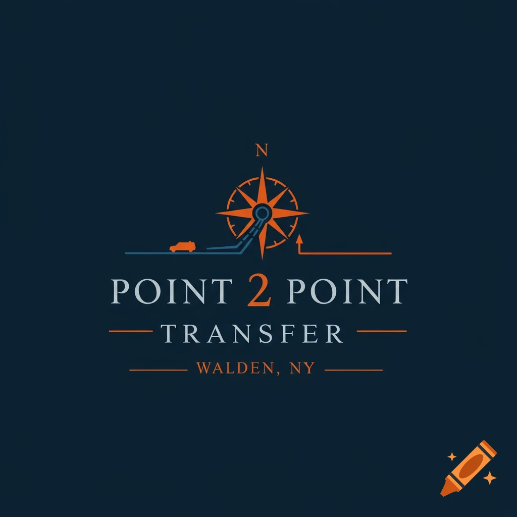 Logo for Point 2 Point Transfer featuring a compass rose and a car icon.