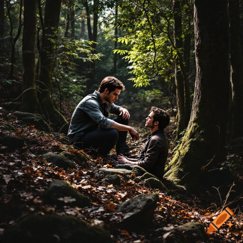 Two men sit and talk in a realistic forest setting.