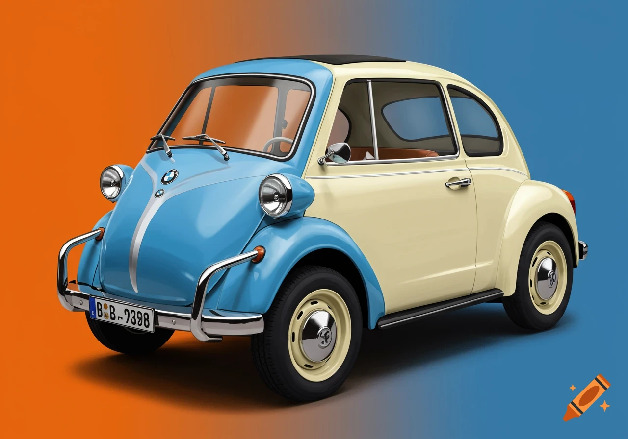 A blue and cream hybrid car (Isetta front, Beetle rear) sits on an orange and blue background.