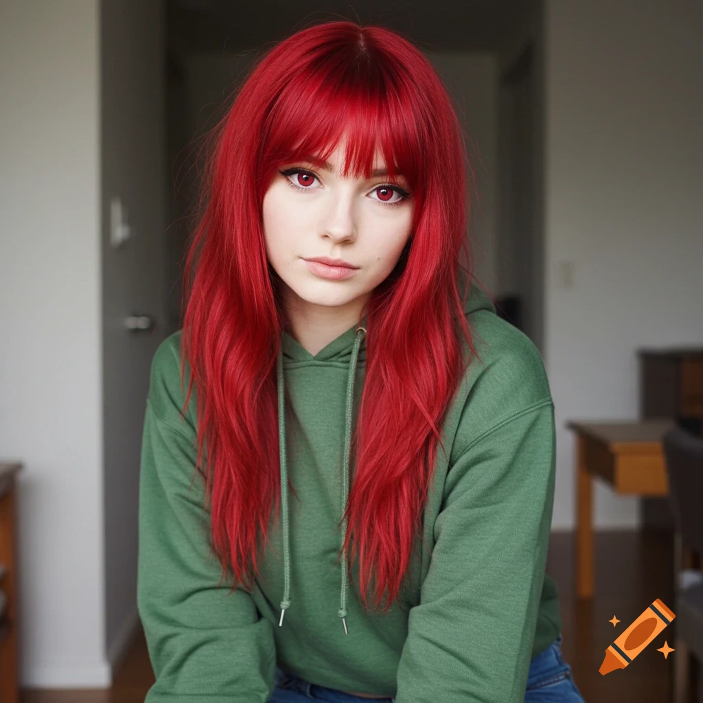 A young woman with bright red hair and red eyes wears a green hoodie and blue jeans, sitting indoors.