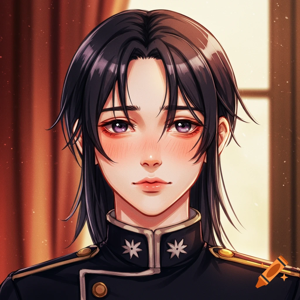 Anime portrait of a character with purple eyes and black hair in a dark uniform, digital art style.
