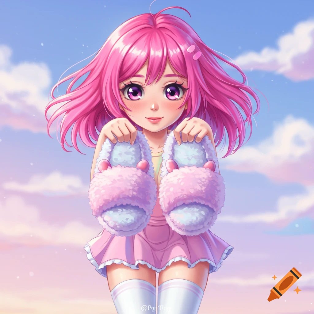 Anime girl with pink hair holding fuzzy slippers up to the camera.