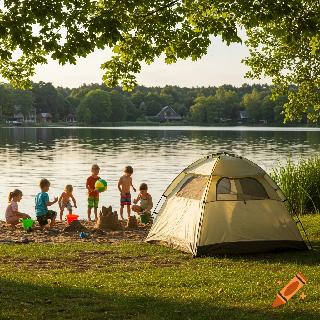 Children play near a tent on a sandy beach by a lake at sunset.