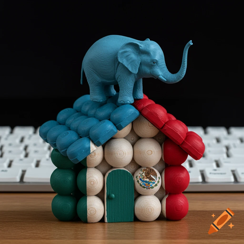 A blue toy elephant on a miniature house made of wooden balls with a door painted like the Mexican flag. A keyboard is behind.