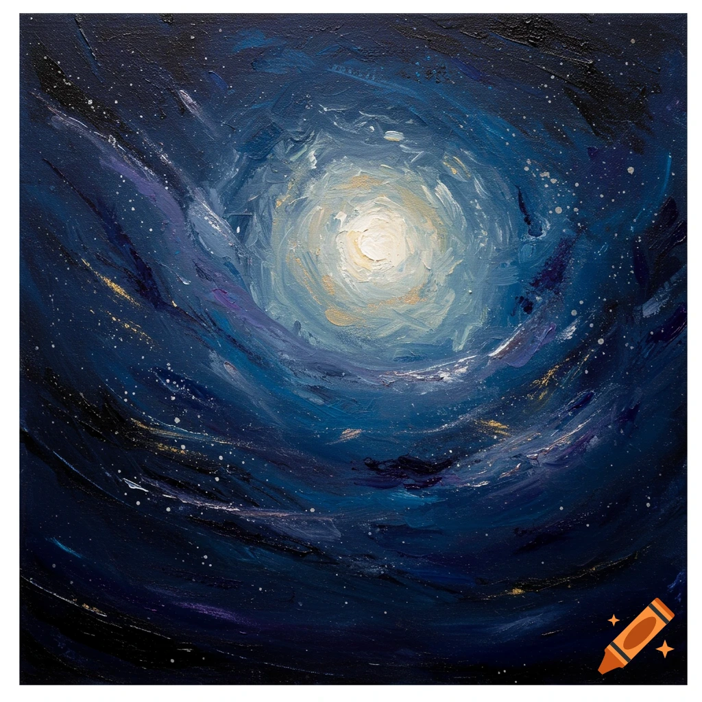 Abstract painting of a full moon in a swirling blue and black night sky.