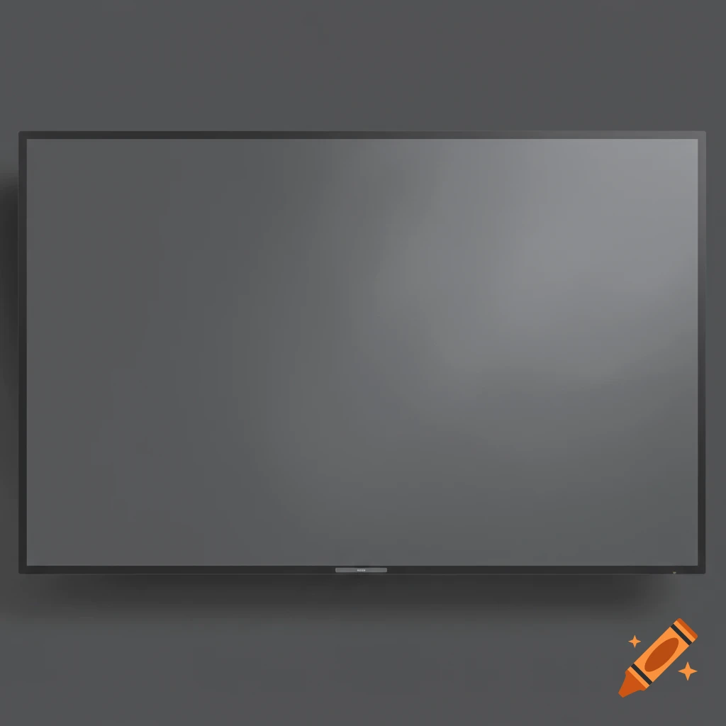 A grey TV screen turned off, against a grey wall.