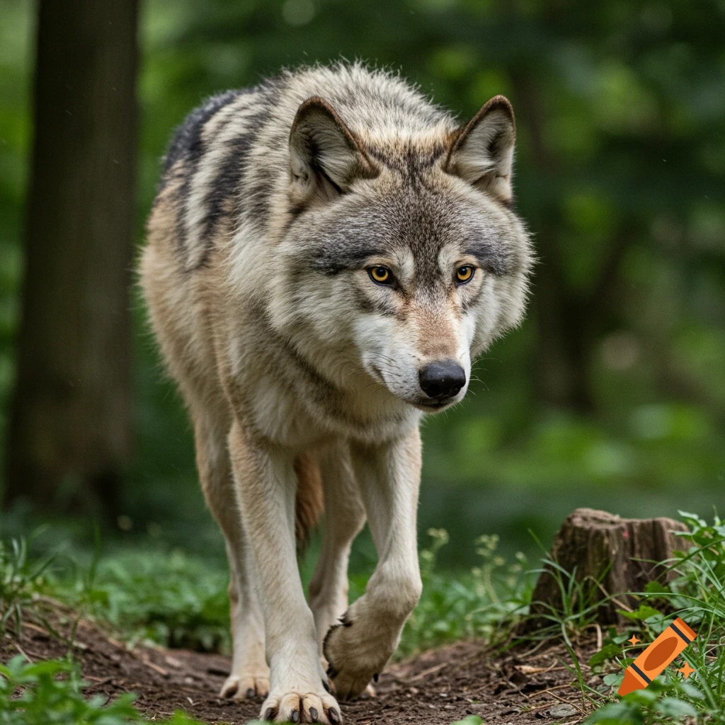 A photorealistic image of a grey wolf walking on a forest path, looking towards the viewer.