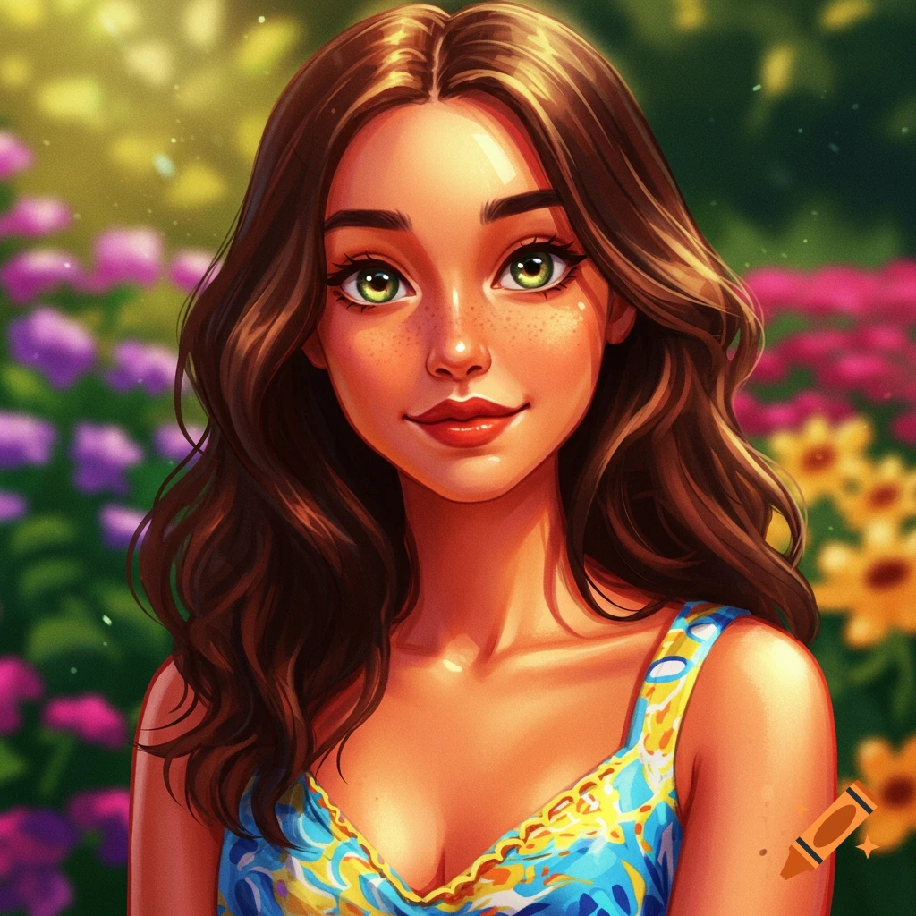 Portrait of a young woman with green eyes and freckles in a garden.