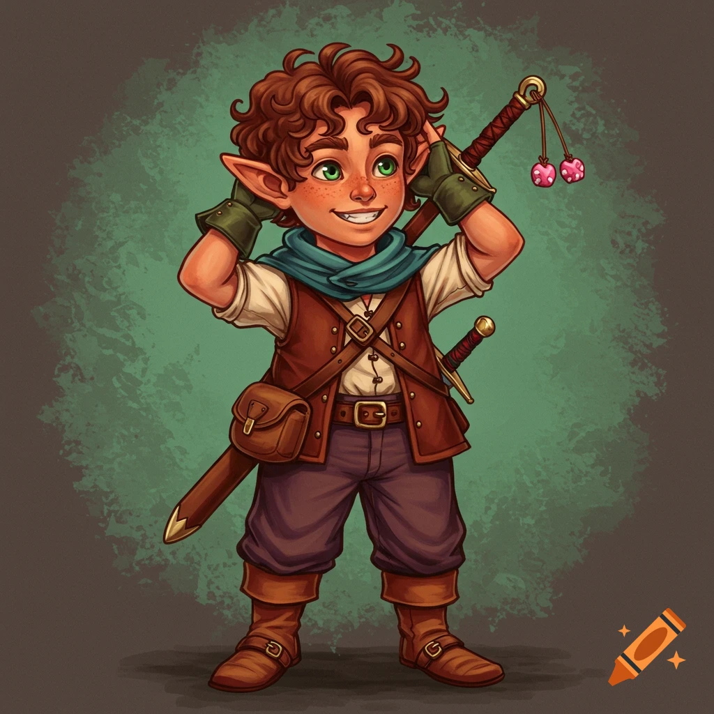 a young halfling/elf character with curly brown hair and pointed ears, wearing fantasy adventure gear including a vest, satchel, and sword