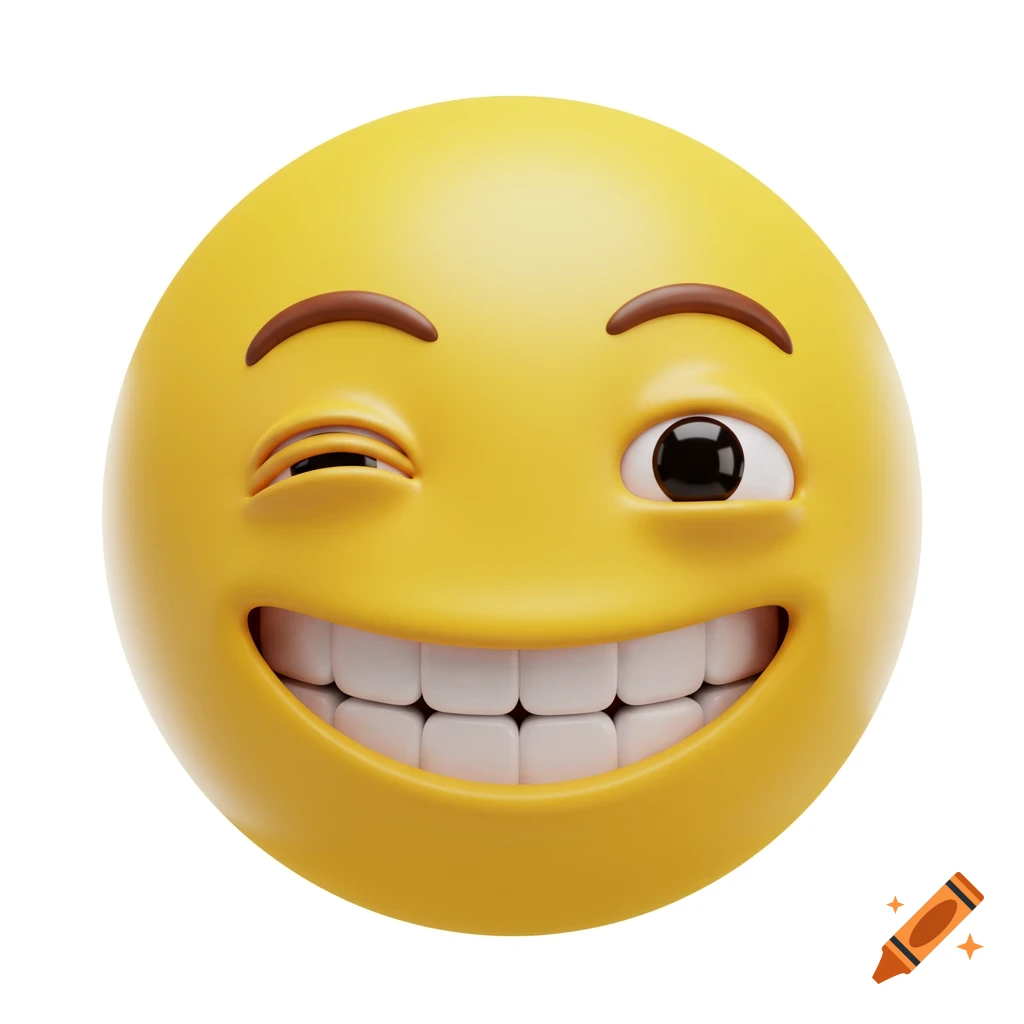 A 3D rendered yellow emoji face winking and smiling widely, showing teeth.