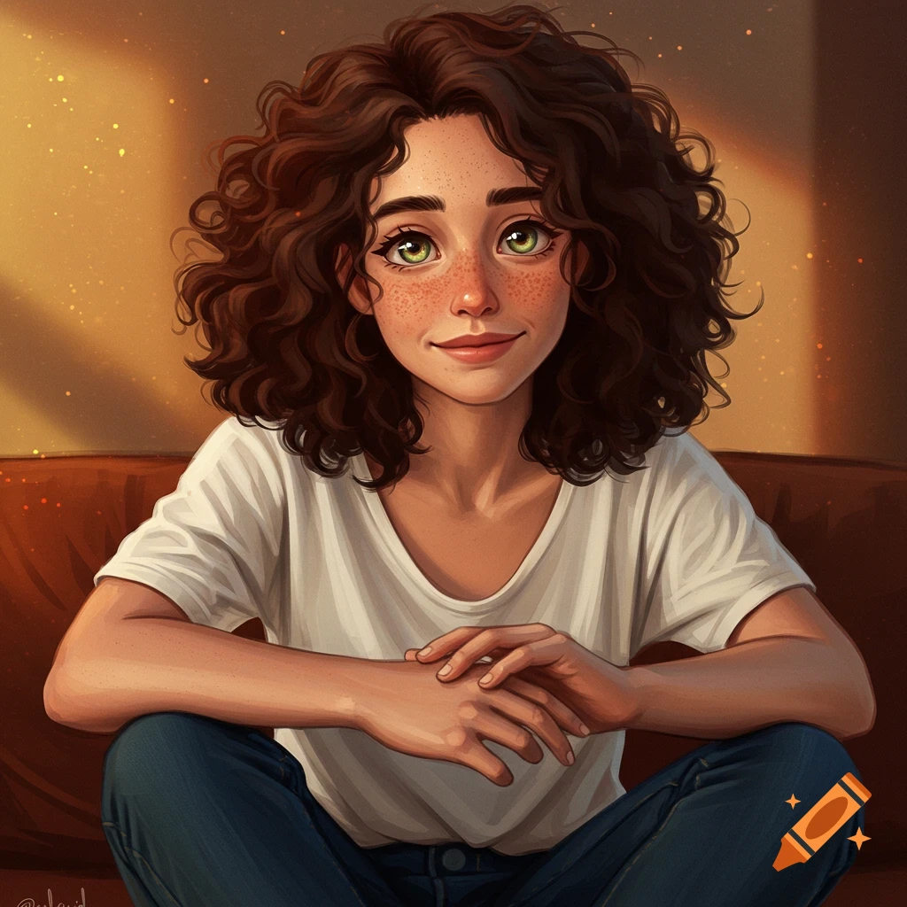 A young woman with curly brown hair and freckles sitting on a couch.