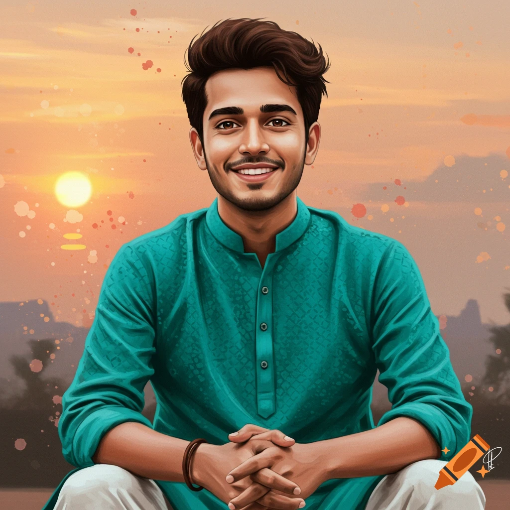 A young man in a green kurta sitting against a sunset background