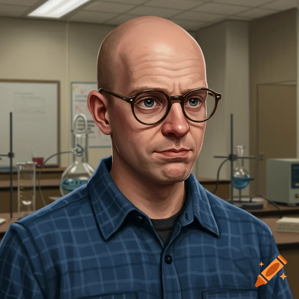 Portrait of a balding man with glasses and a blue plaid shirt in a science lab.