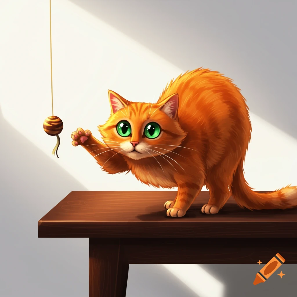 A cute orange cat with big green eyes batting at a hanging toy on a wooden table.