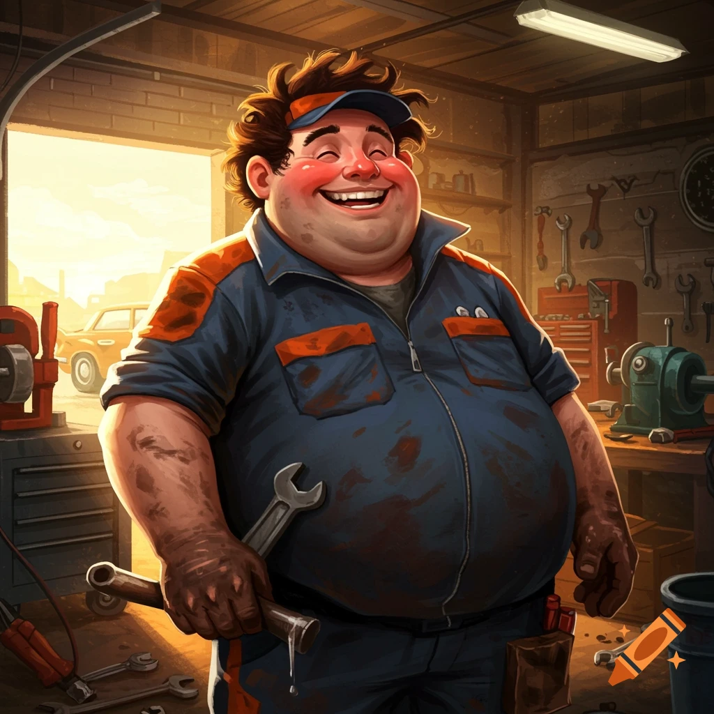 Cartoon illustration of a jovial mechanic in a garage.