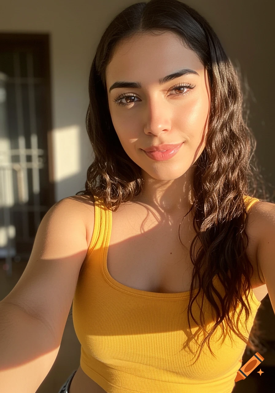 Smiling woman in yellow crop top in sunlight