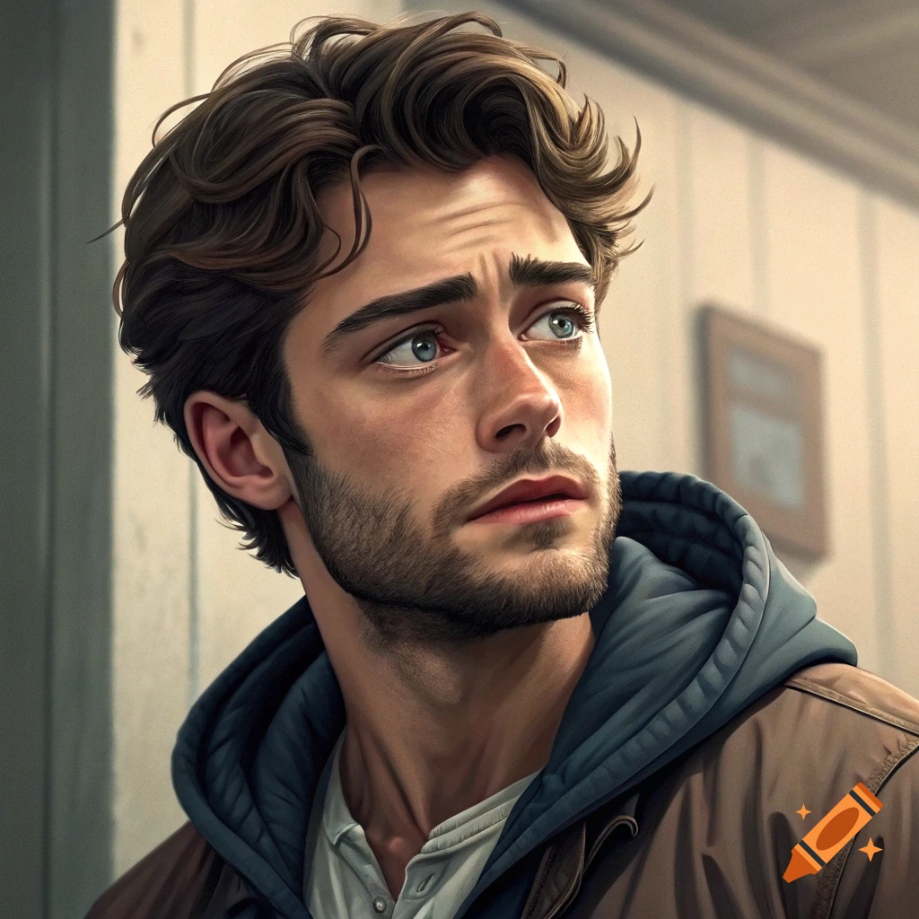 Close-up portrait of a young man with brown hair, blue eyes, and beard, wearing a brown hooded jacket