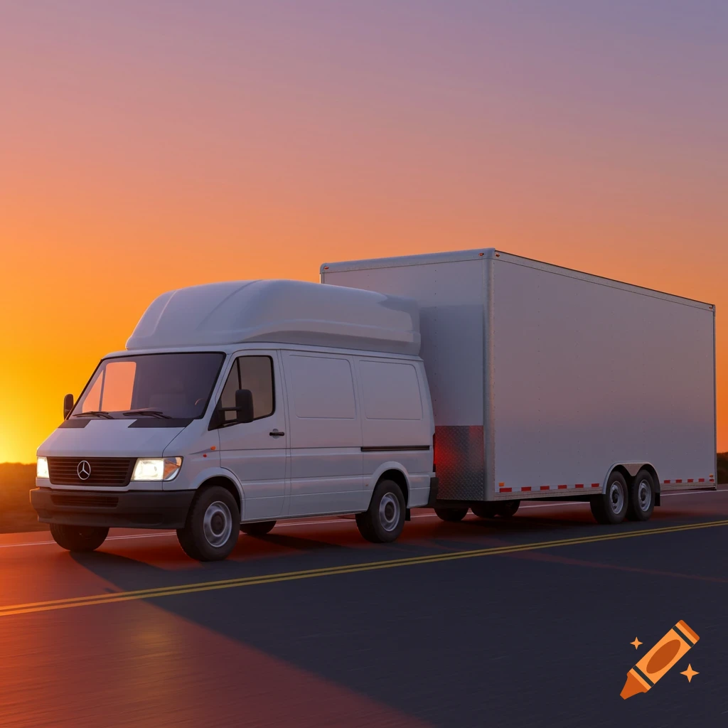 A white van pulls a trailer on a road at sunset.