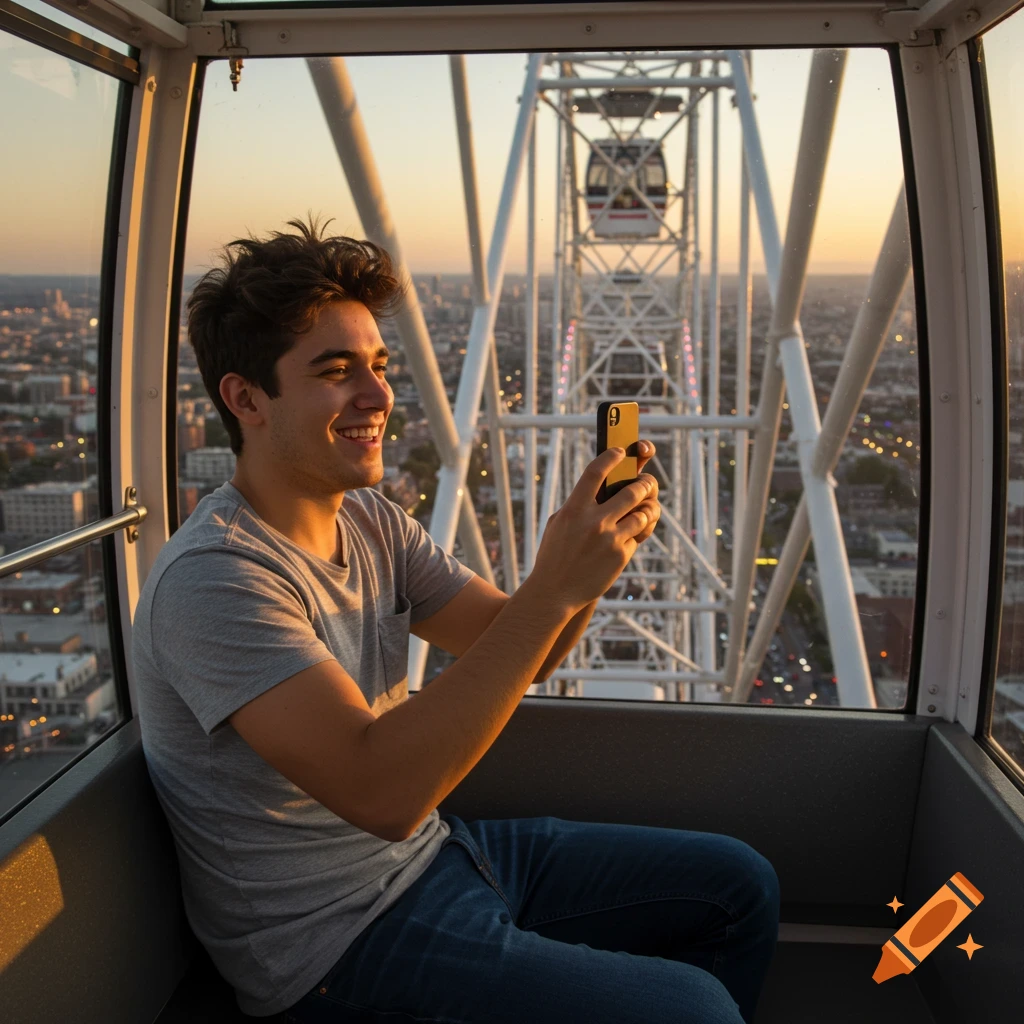 A young man takes a photo on his phone while riding a Ferris wheel at sunset, overlooking a city.