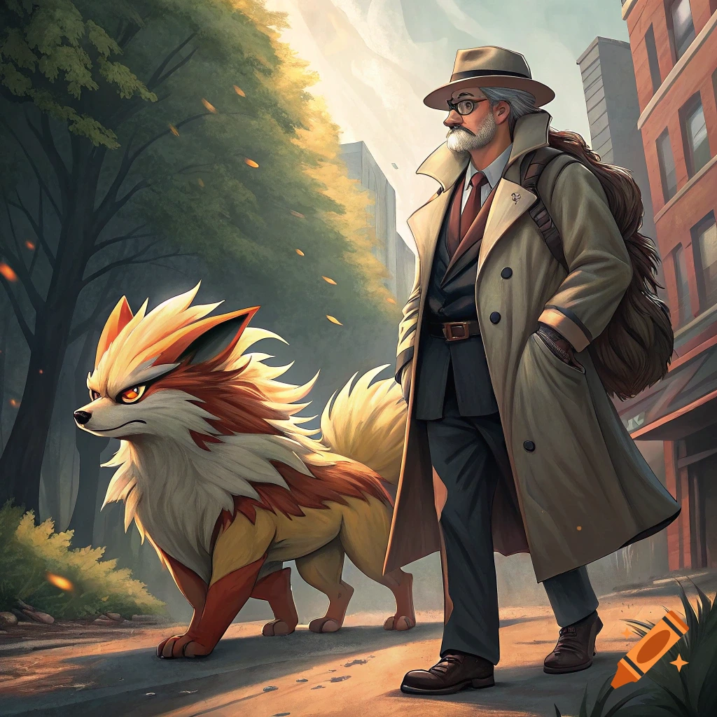 Man in trench coat and hat walking with a large fantasy creature resembling Arcanine on a path.
