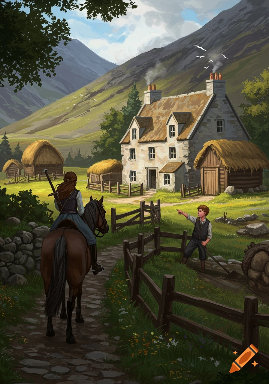 A woman on a horse approaches a Scottish Highlands farmhouse, where a boy is pointing.