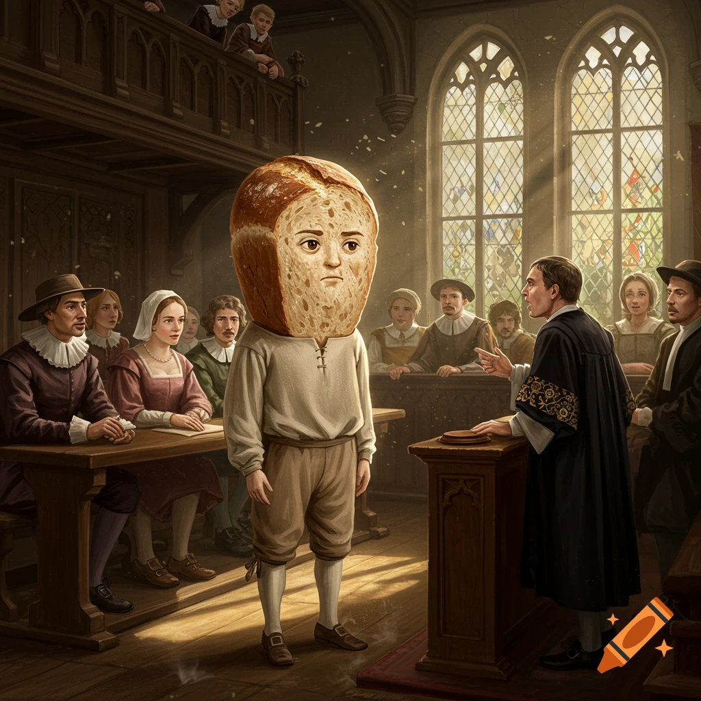 A person with a loaf of bread for a head stands trial in a 16th-century courtroom.