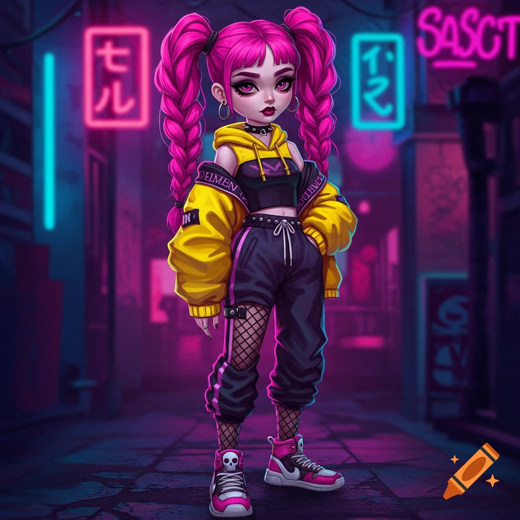 Anime-style girl with pink pigtails in gothic sportswear stands in a neon-lit urban alley.