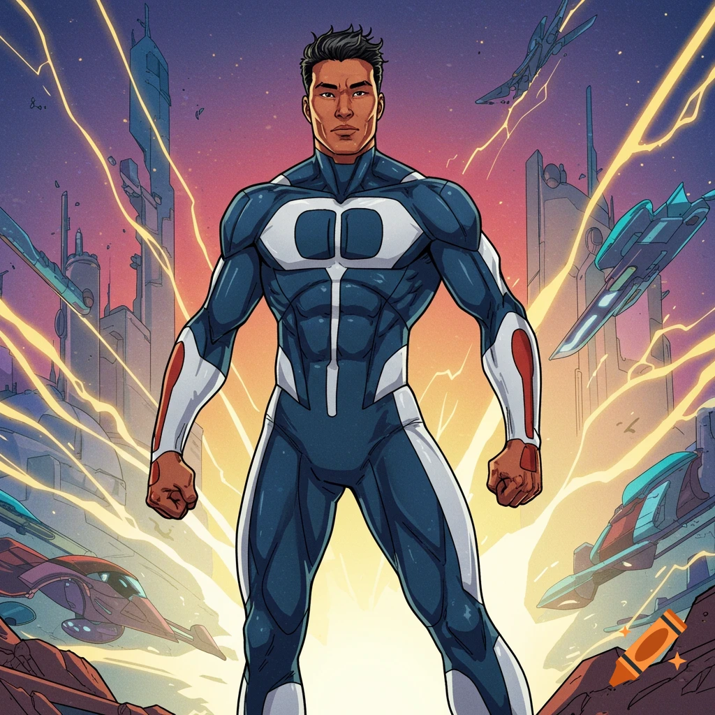 A superhero in a blue and white suit standing in a futuristic city.
