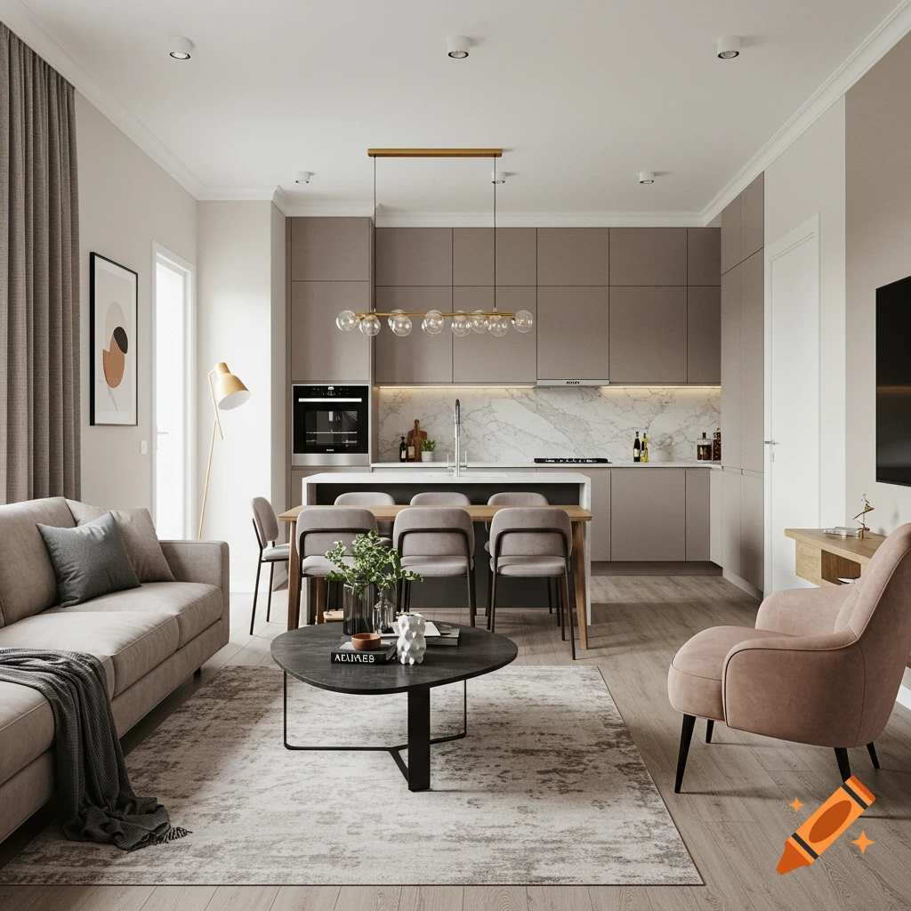 A modern open-concept living room and kitchen with a sofa, armchair, coffee table, and kitchen island.