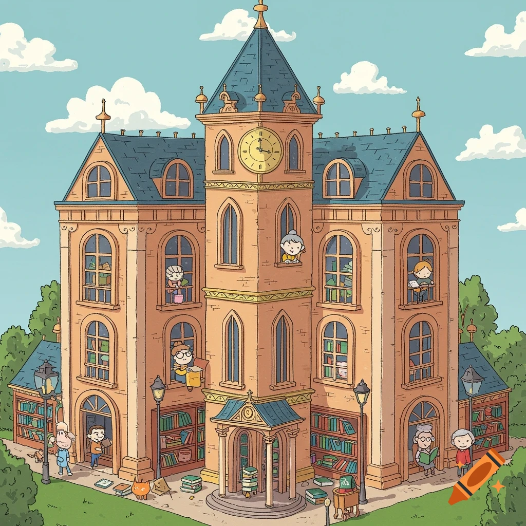 Cartoon illustration of a large library building with people reading books inside and outside.