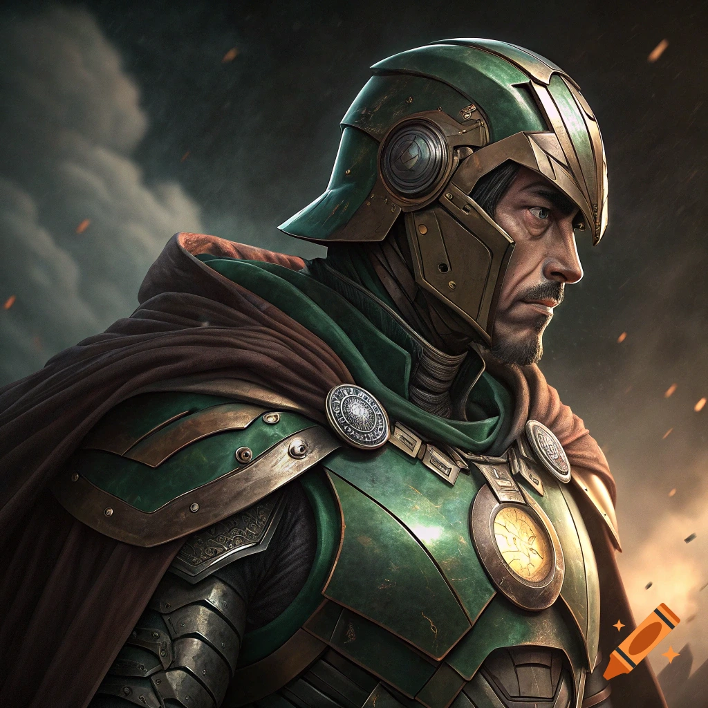 Portrait of a man in green and gold sci-fi or fantasy armor and brown cape, looking to the right.