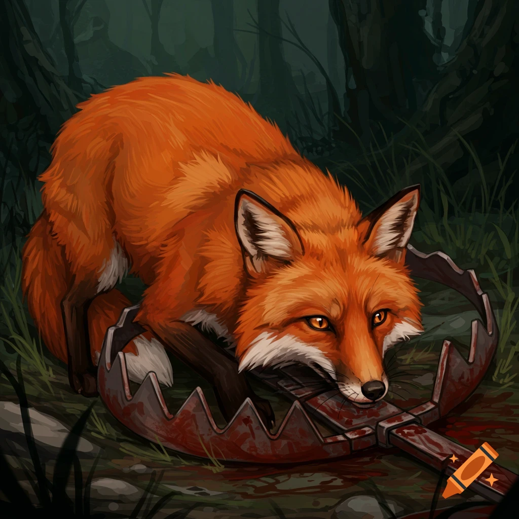 A fox is caught in a metal trap in a forest. There is blood on the trap and on the ground.