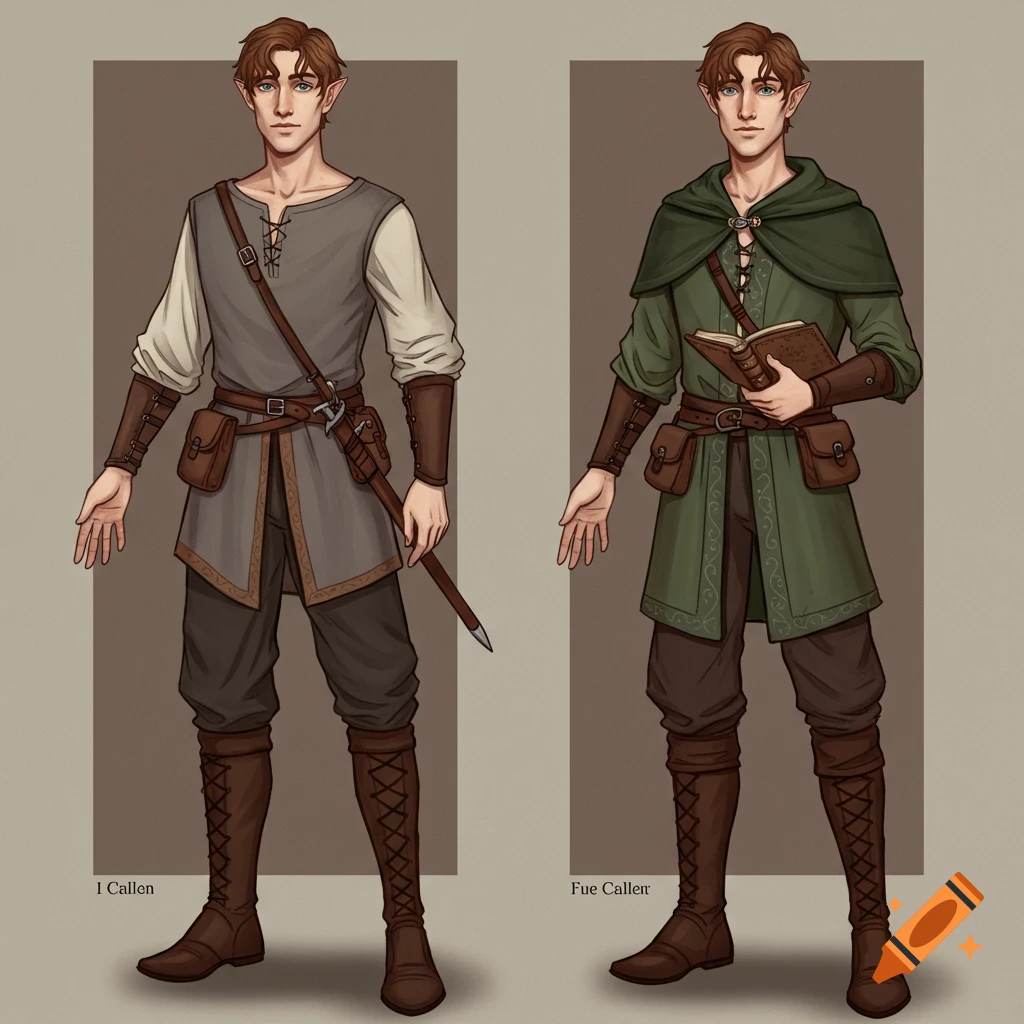 Two illustrations of a young man with elf ears in fantasy costumes: gray tunic with sword, green tunic with cape, book.