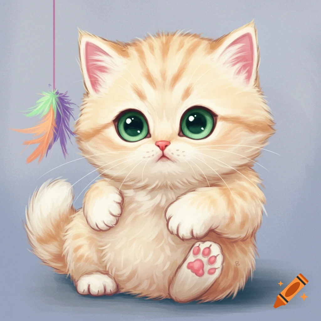 A cute fluffy kitten with big green eyes is playing with a feather toy.