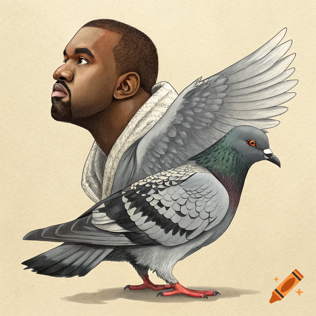 Detailed illustration of Kanye West's head on a pigeon body.