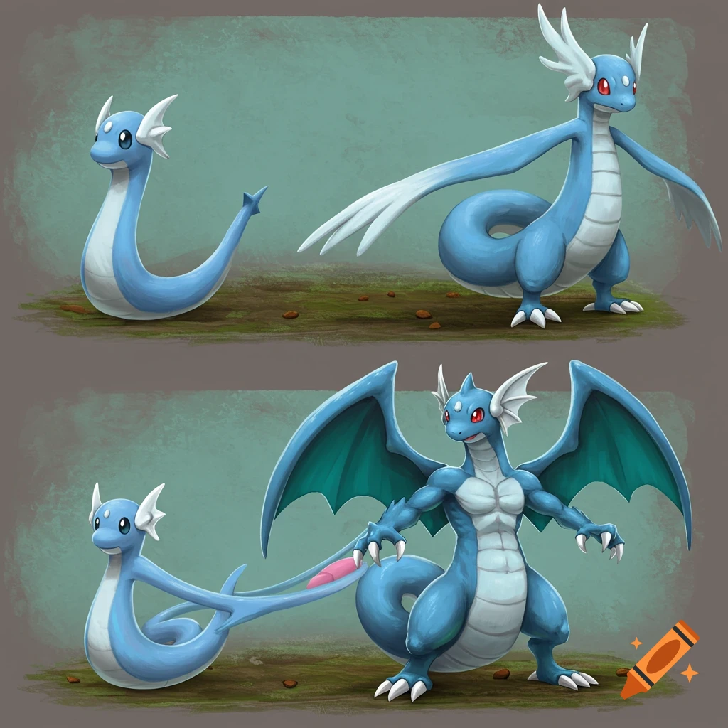 Showing Dratini evolving into Dragonair and a muscular, winged Dragonite.