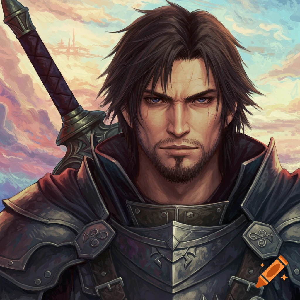 A close-up of a serious man in fantasy armor with a sword on his back against a cloudy sky.