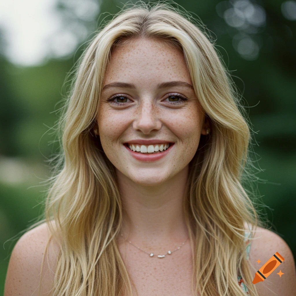 Portrait of a young woman with freckles, blonde hair, and brown eyes smiling.