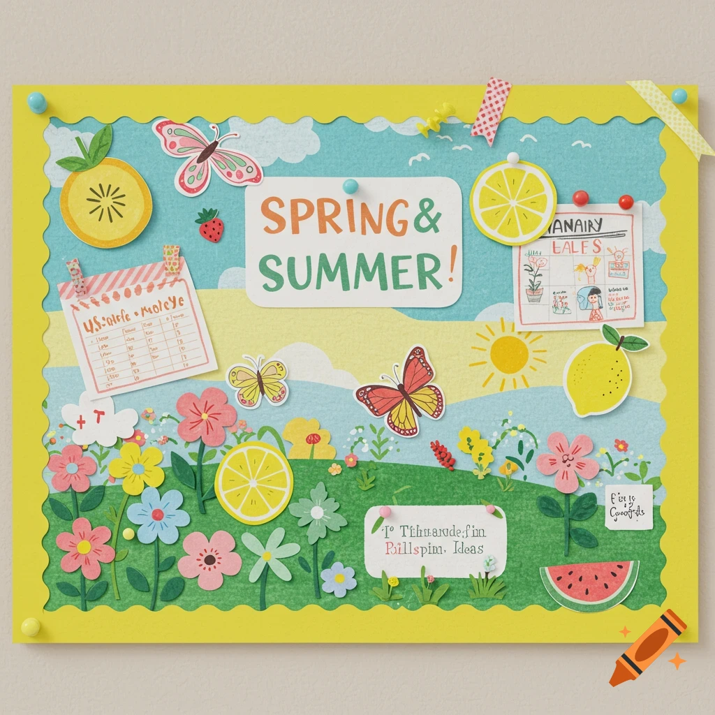 A bulletin board with spring and summer themed paper cutouts of flowers, butterflies, and fruit.