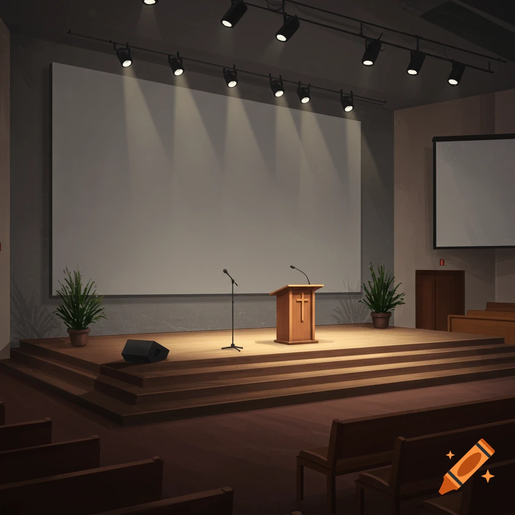 A minimalist scene of a church stage with a podium, screen, microphones, and seating.