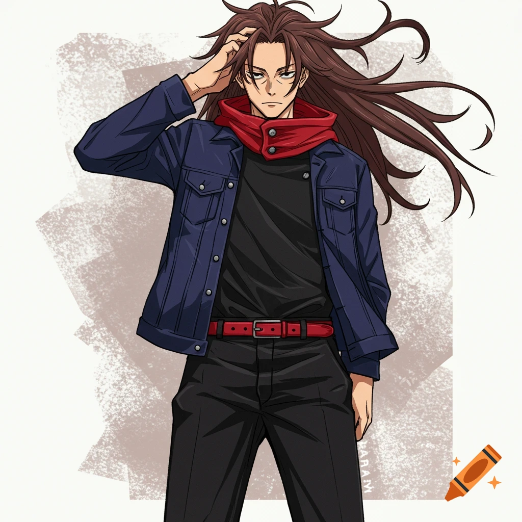 Anime character with long brown hair, blue jean jacket, black shirt, red belt, and black pants.