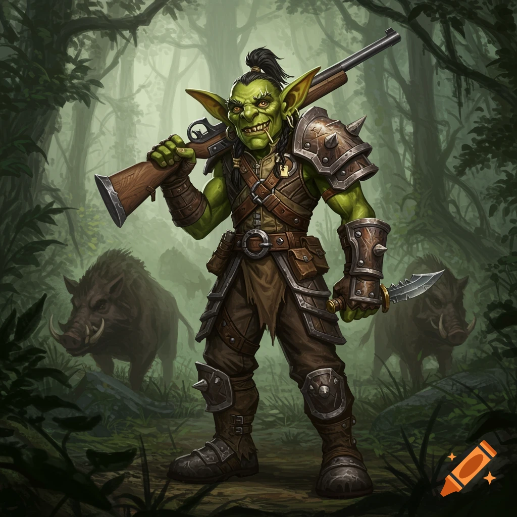 Detailed illustration of a goblin hunter standing in a forest with boars.