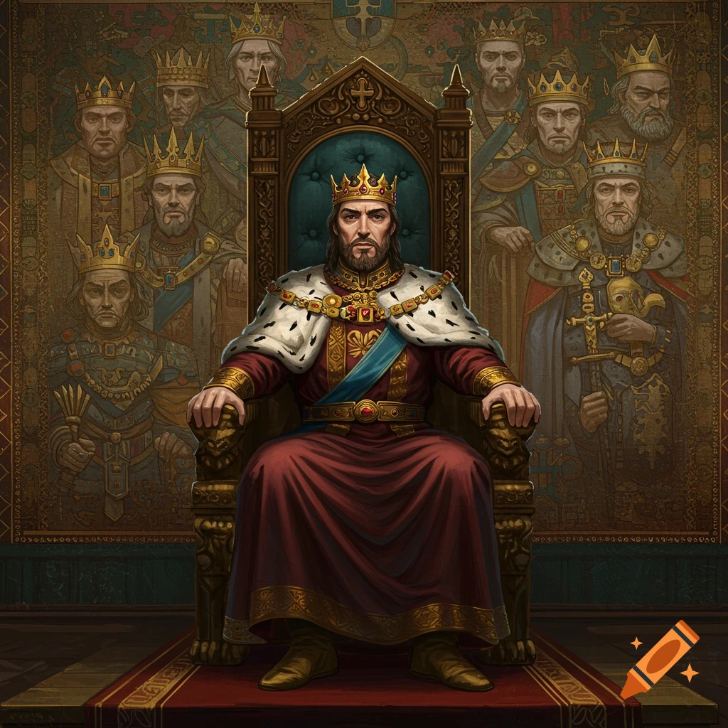 A king is seated on a throne, with figures of other rulers or ancestors depicted in the background.