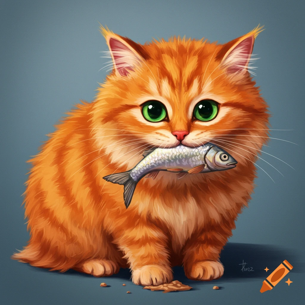 A fluffy orange cat holding a fish in its mouth.
