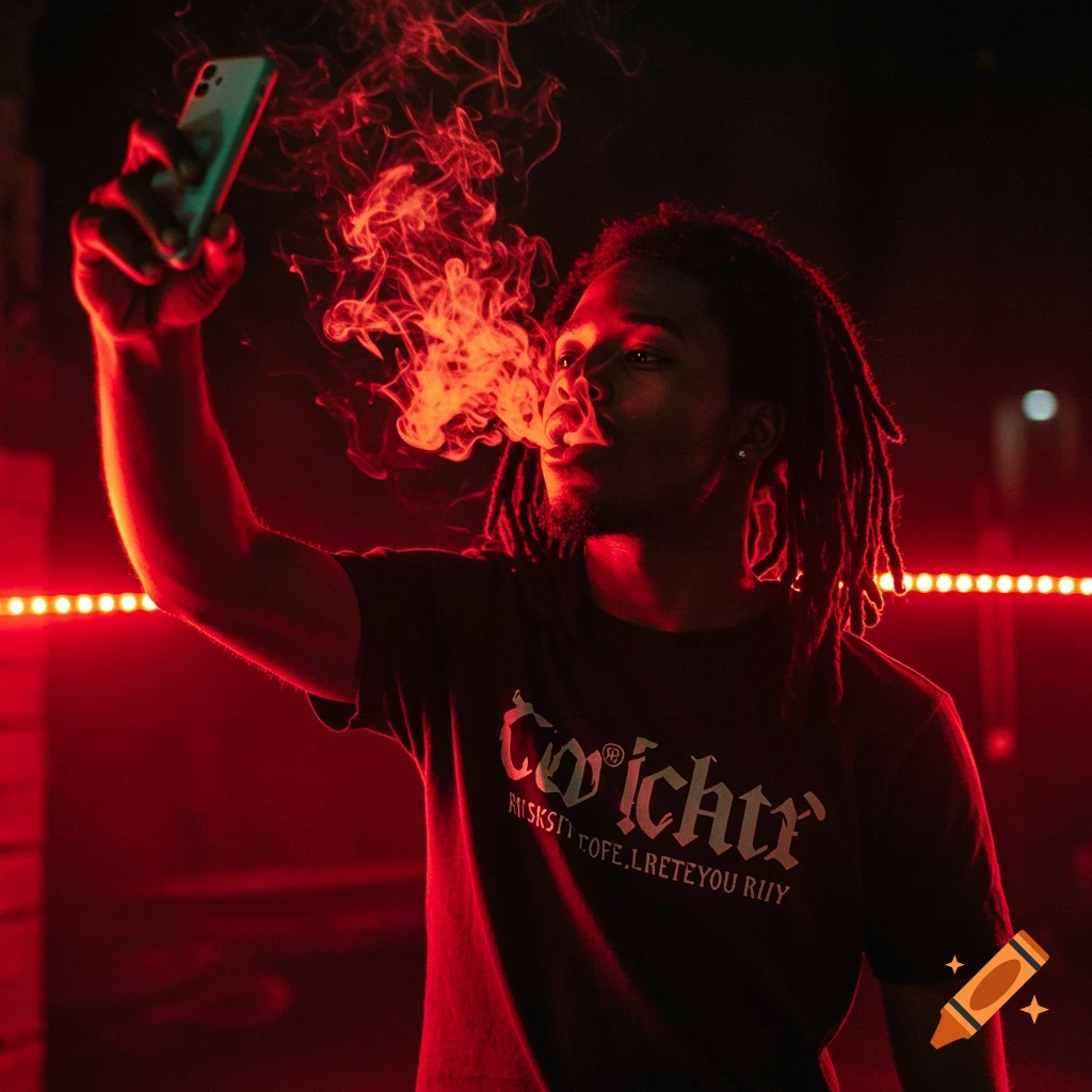 Realistic photo of a man with dreadlocks smoking, holding a phone, illuminated by red lights in a dimly lit urban scene.