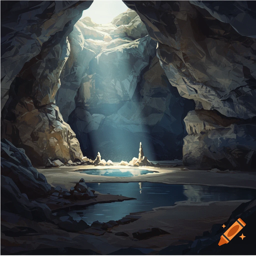 Sunlight shining into a cave onto a pool of water