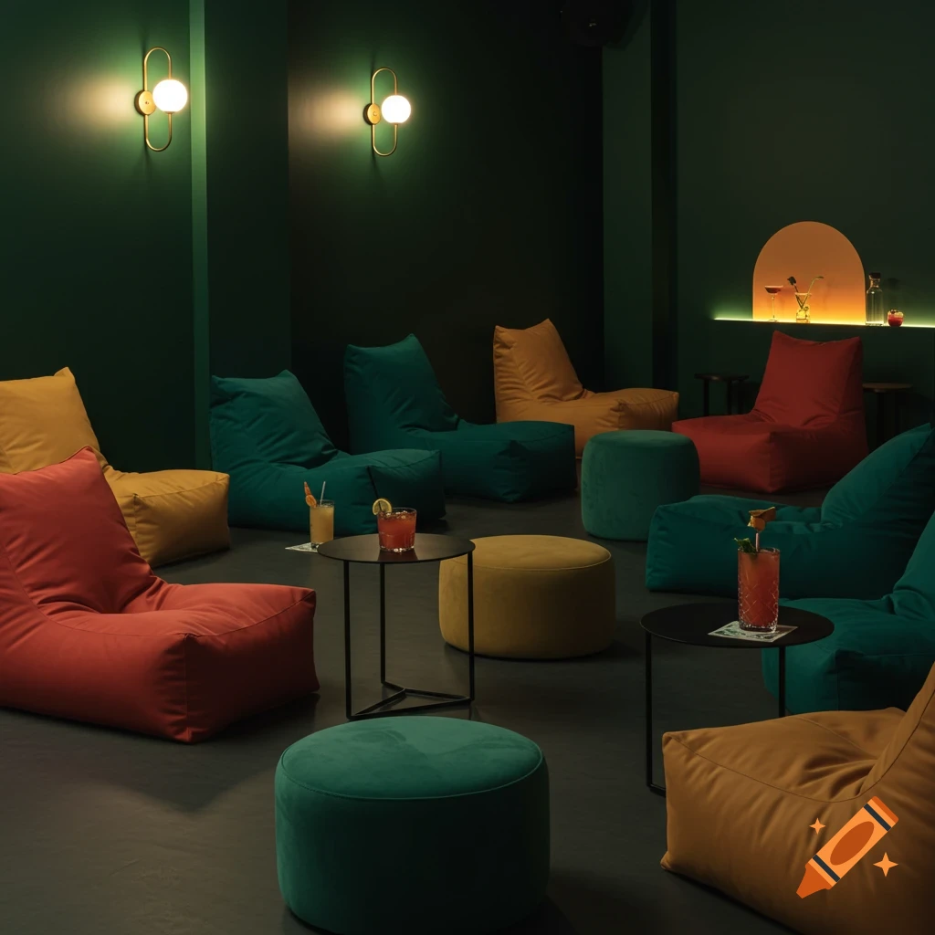 A modern lounge area with colorful bean bag chairs, ottomans, small tables with drinks, and deep green walls with minimalist lighting.