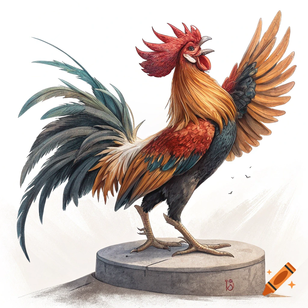 An illustration of a colorful rooster with raised wing standing on a podium.